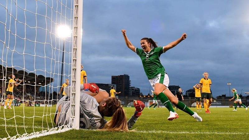 Niamh Fahey celebrates as Denise O'Sullivan's deflected shot goes into the back of the net as the Republic of Ireland beat Australia 3-2