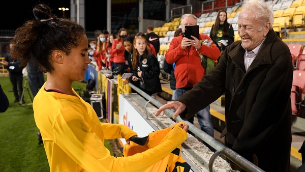 Australia's Mary Fowler meets her grandfather, Kevin Fowler from Ballymun, after the game in Tallaght