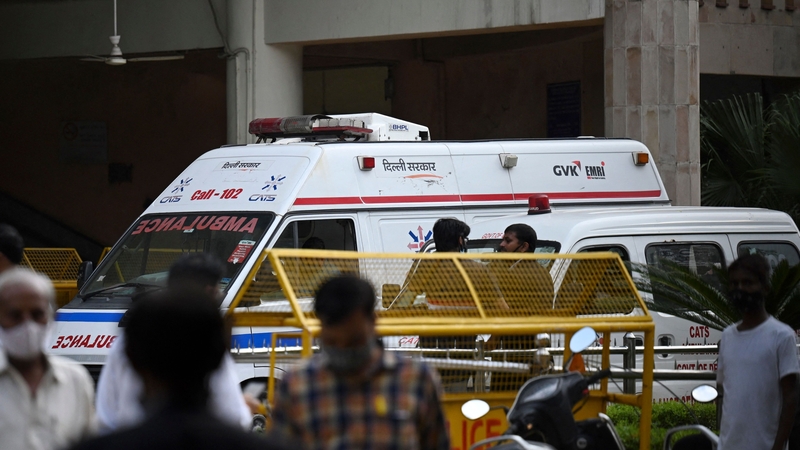 An ambulance is seen inside the Rohini court in New Delhi