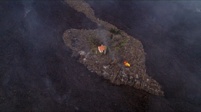 A single patch of land avoiding lava flow in La Palma, Spain