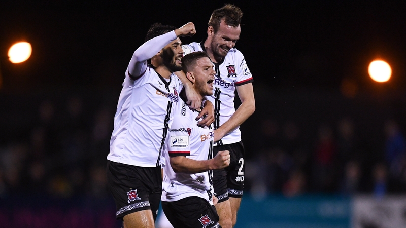 Sean Murray, centre, celebrates after scoring Dundalk's second goal against Sligo