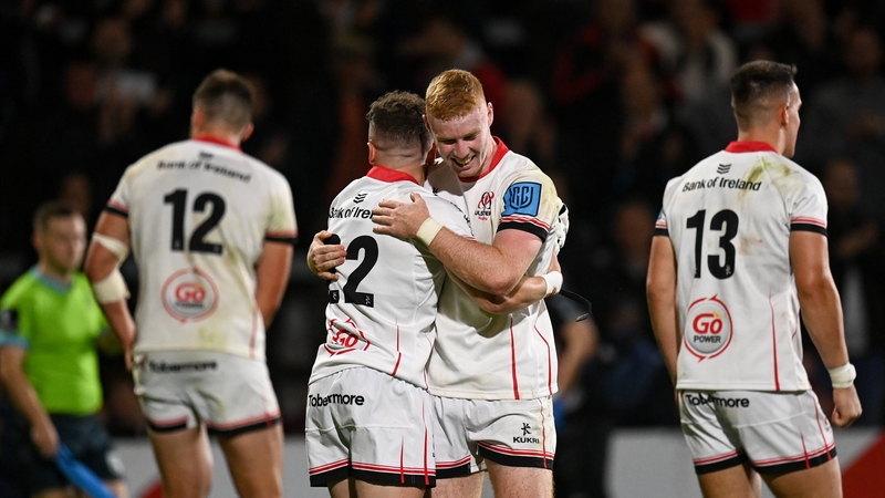 Nathan Doak, second right, and Michael Lowry celebrate victory on a night when Doak scored his first senior provincial try