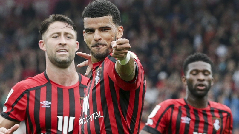 Dominic Solanke (centre) celebrates scoring his seventh goal of the season