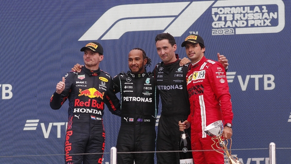Hamilton, Verstappen and Carlos Sainz on the podium