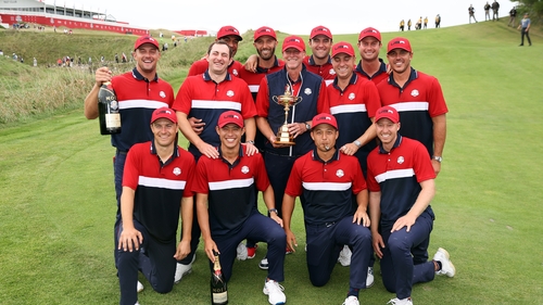 Steve Stricker and his team celebrate their emphatic victory