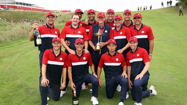 Steve Stricker and his team celebrate their emphatic victory