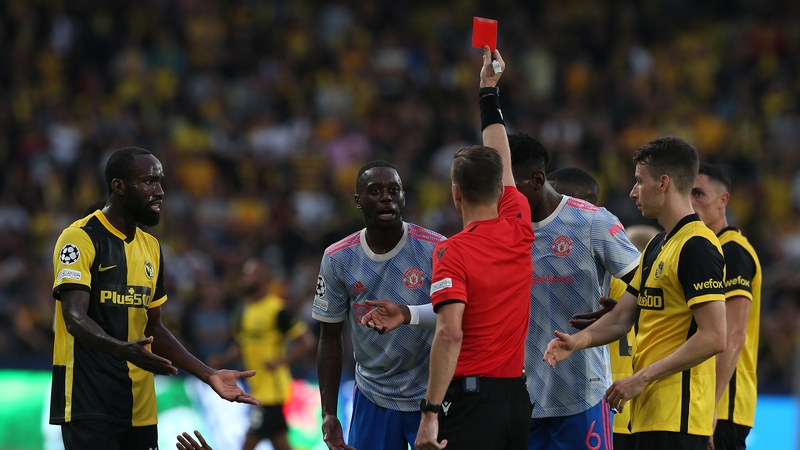 Referee Francois Letexier sends off the United right-back in Switzerland