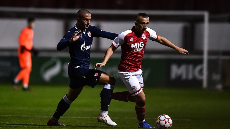 Sam Curtis of St Patrick's Athletic in action against Aleksander Kahvic of Crvena Zvezda