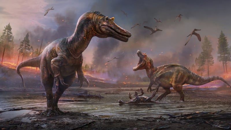 An artist impression of a Ceratosuchops inferodios (foreground) and a Riparovenator milnerae