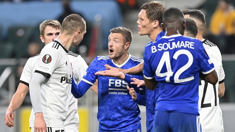 Jamie Vardy of Leicester City and Artur Jedrzejczyk of Legia Warsaw