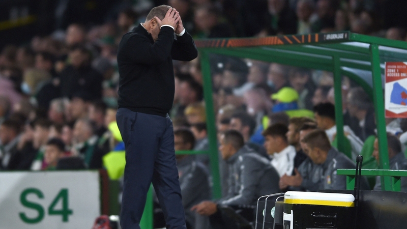 Ange Postecoglou reacts during the 4-0 defeat to Bayer Leverkusen