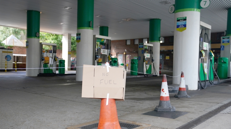 A no fuel sign at a garage in St Johns Wood, London, today