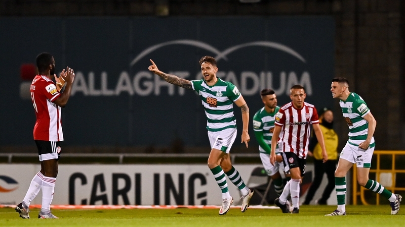 Lee Grace celebrates scoring Shamrock Rovers' first in their 2-1 win over Derry City