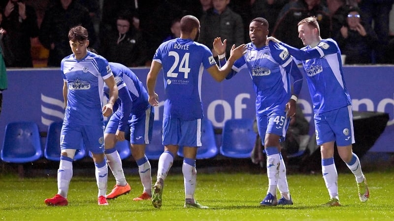Tunde Owolabi celebrates scoring his second goal of the night with his Finn Harps team-mates