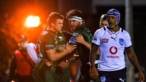 Connacht players celebrate Tom Daly's opening try in the 34-7 win