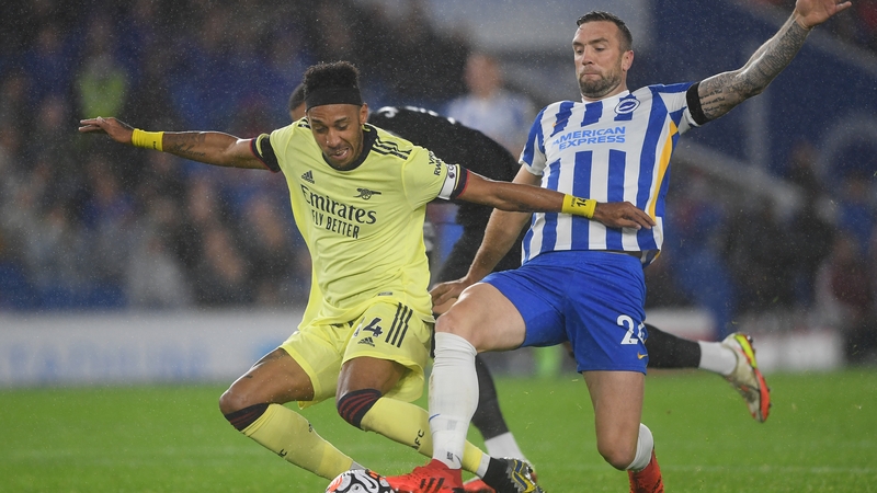 Shane Duffy challenging Pierre Emerick Aubameyang in Brighton's goalless draw with Arsenal