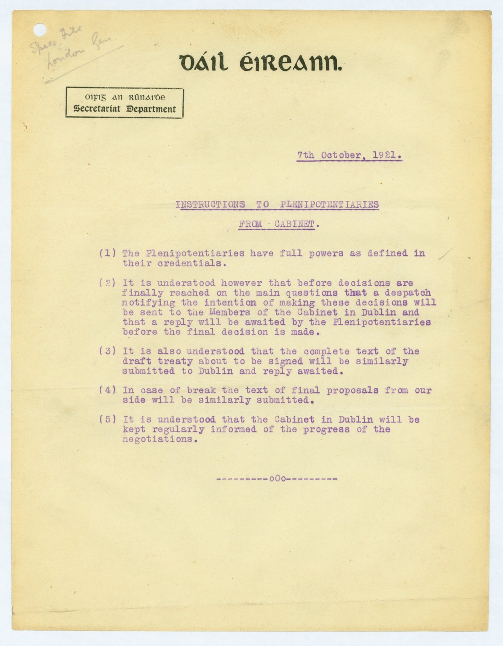 De Valera believed the instructions to the delegates couldn't be clearer: sign nothing before referring back to Dublin (Credit: By kind permission of the National Archives)