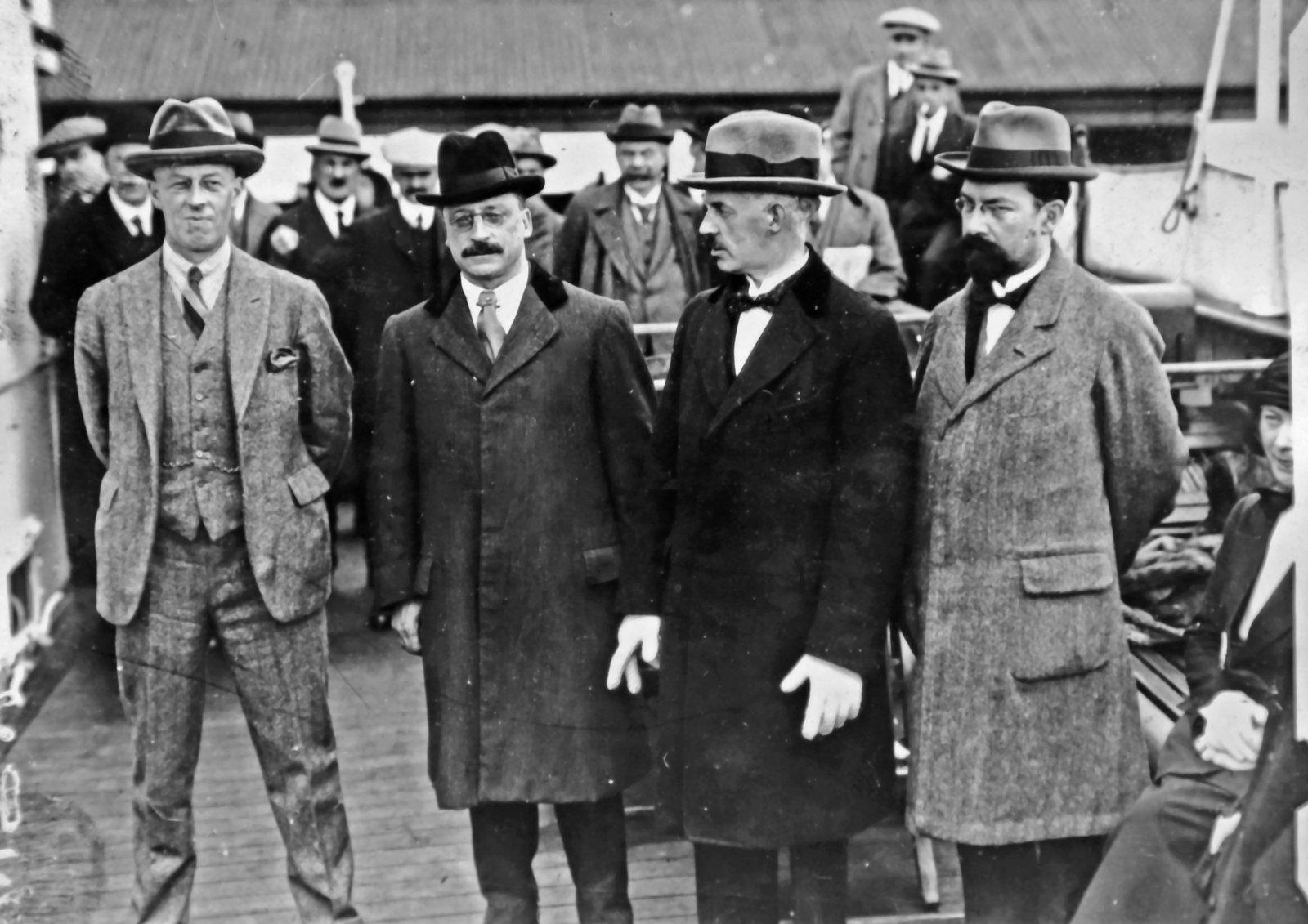 Four of the delegates before setting off from Kingstown/Dún Laoghaire: Bardon, Griffith, Duggan and Duffy. Collins took great care NOT to be included in these group photographs, to the puzzlement of the Press. (Credit: Getty Images)