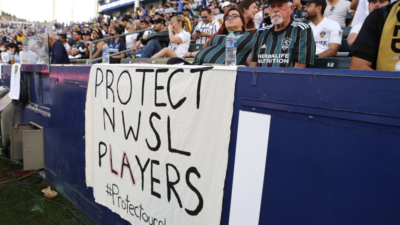 Signage supporting NWSL players is seen during a game between the Los Angeles Galaxy and the Los Angeles FC