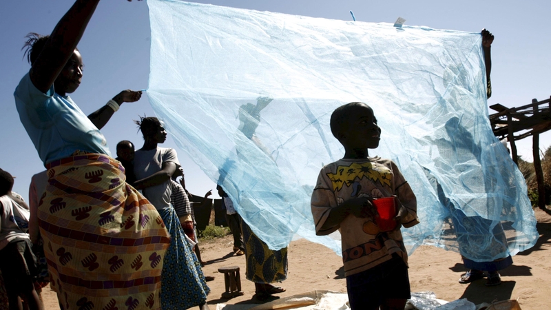 A file picture shows villagers looking at new mosquito nets donated to try to fight high malaria in their village, Matongo, Zambia