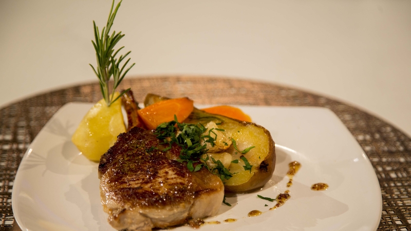 Eunice Power's pork chops with potatoes, pears and carrots