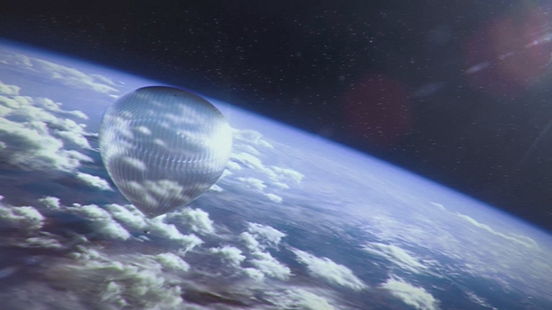 The space balloon is filled with helium which expands the balloon as it gets higher