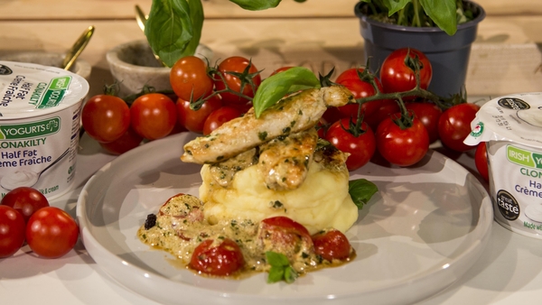 Eunice Power's pan-fried chicken with Irish yogurt half fat crème fraiche, pesto, and cherry tomatoes.