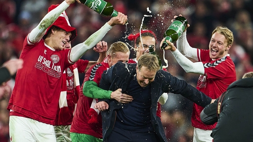 Jannik Vestergaard, Daniel Wass, Kasper Schmeichel, Yussuf Poulsen and Simon Kjaer drench Kasper Hjulmand
