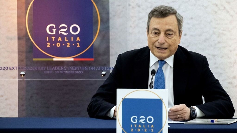 Mario Draghi speaks during a press conference following a G20 virtual summit focused on Afghanistan in Rome