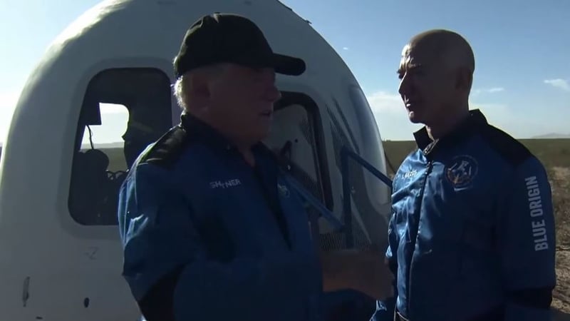 William Shatner and Jeff Bezos chat after the space flight (Pic: Blue Origin)