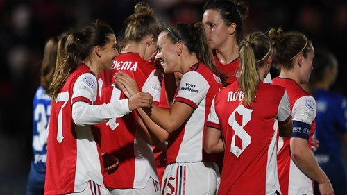 Tobin Heath celebrates scoring Arsenal's 3rd goal with Katie McCabe