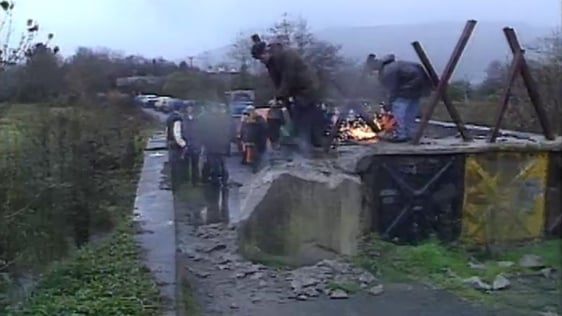 Locals dismantle the blockade between Rossinver in Couny Leitrim and Garrison in County Fermanagh, …