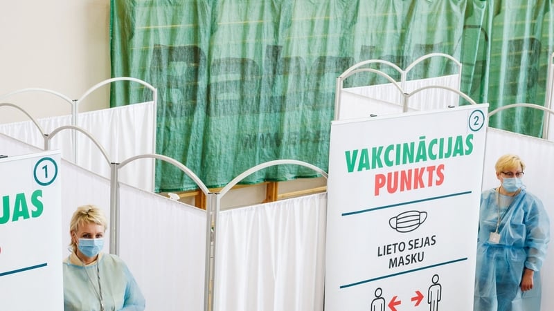 Medical workers at a vaccination centre in Ventspils, Latvia
