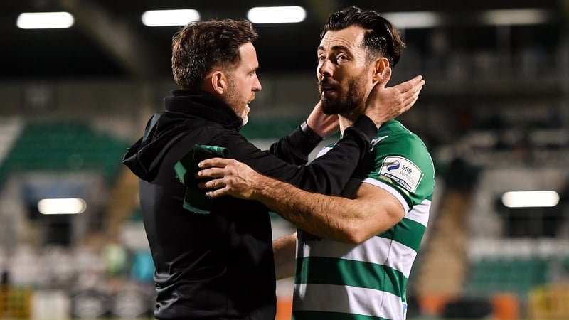 Shamrock Rovers manager Stephen Bradley congratulates goal scorer Richie Towell