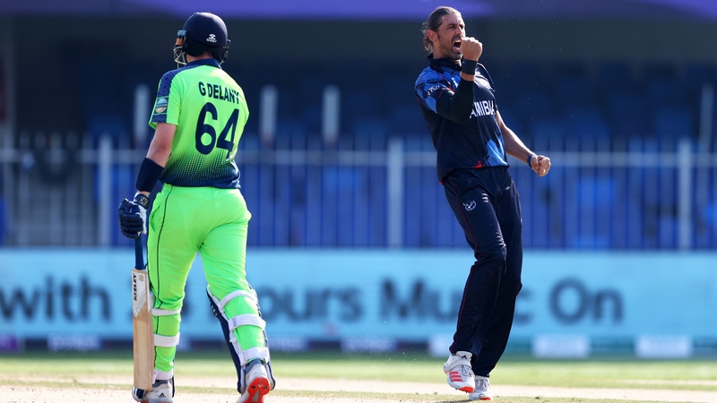 David Wiese of Namibia celebrates the wicket of Ireland's Gareth Delany