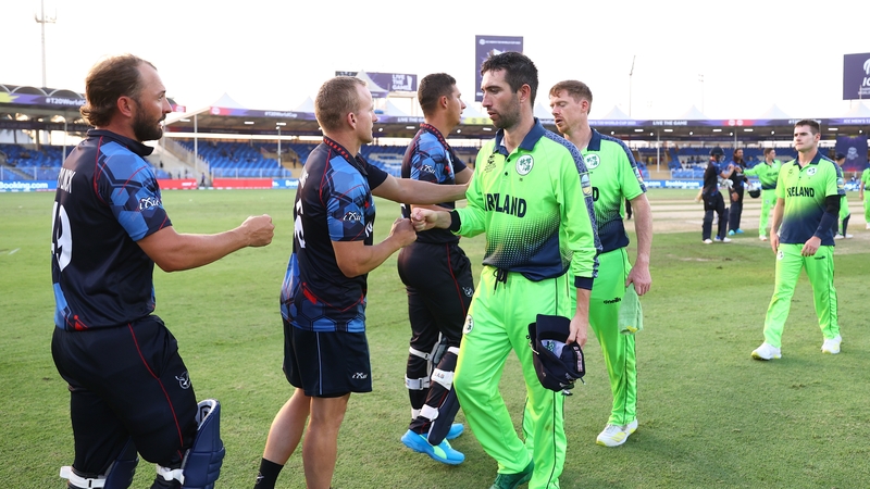 Balbirnie and Ireland's players congratulate their Namibian counterparts