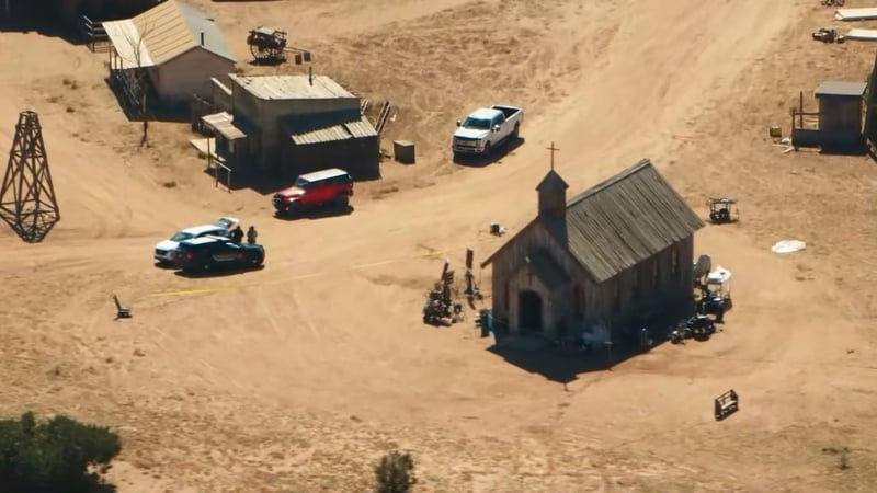 An aerial view of the film set on Bonanza Creek Ranch