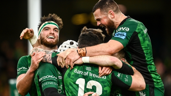 Connacht's players celebrate their second try of the game from Mack Hansen