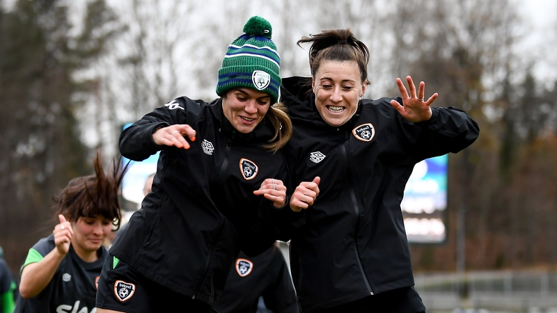 Jamie Finn, left, and Lucy Quinn training in Helsinki's Leppavaara Stadium