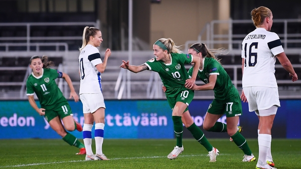 Denise O'Sullivan celebrates scoring the winner against Finland in Helsinki last year