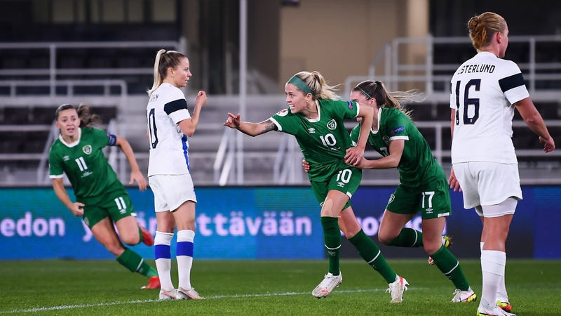 Denise O'Sullivan celebrates scoring the winner against Finland in Helsinki last year
