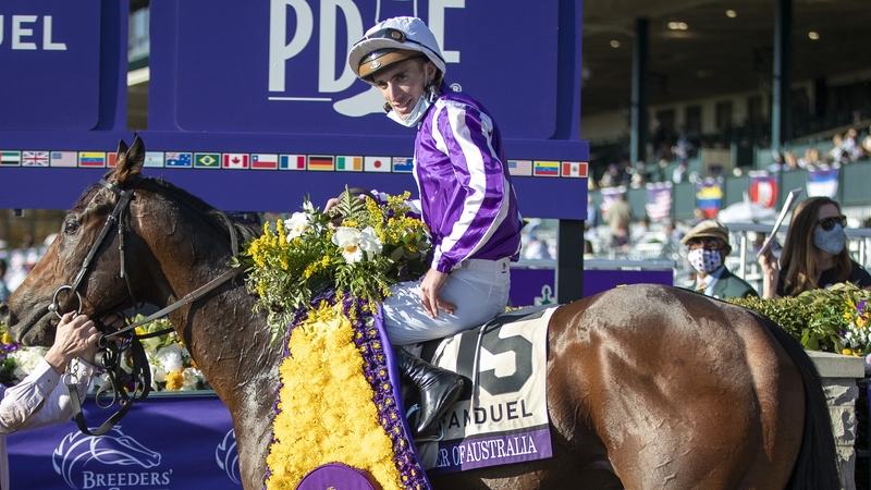 Christophe Soumillon, aboard Order of Australia, celebrates winning last year's Breeders Cup Mile