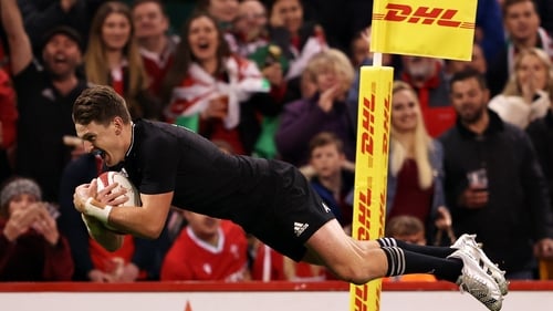 Beauden Barrett crashes over for his side's sixth try