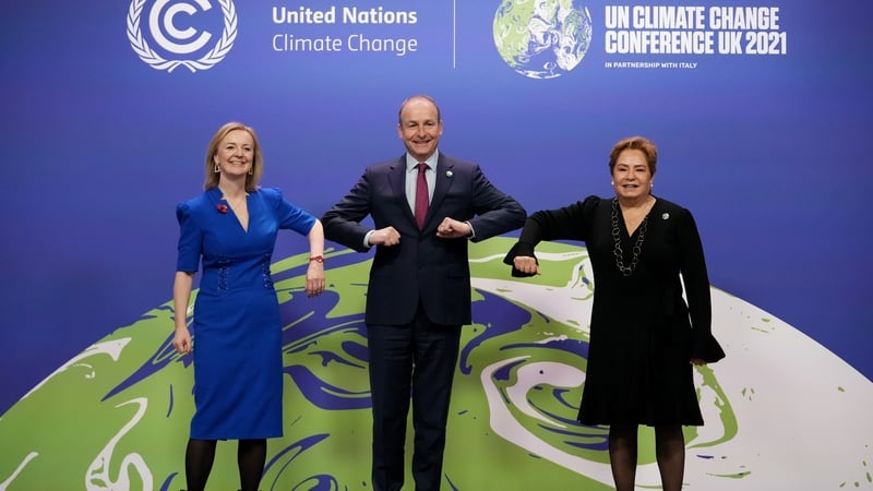 British Foreign Secretary Elizabeth Truss, Taoiseach Micheál Martin and UNFCCC Executive Secretary Patricia Espinosa at day two of the COP26 conference in Glasgow