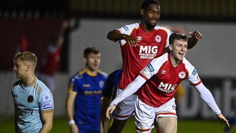 Jason McClelland of St Patrick's Athletic celebrates with Nahum Melvin-Lambert