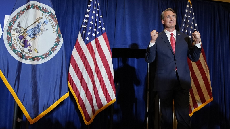 Glenn Youngkin celebrates his victory at a rally in Chantilly, Virginia