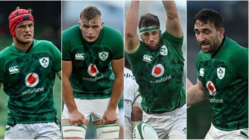 (l-r) Josh van der Flier, Gavin Coombes, Caelan Doris, Jack Conan