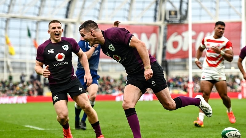 Johnny Sexton scored his 11th Ireland try on his 100th appearance