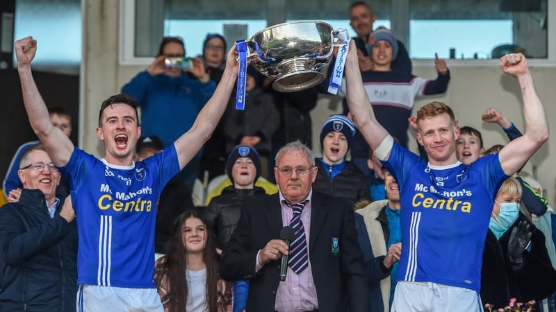 Shane Carey and Kieran Hughes hoist the cup, Scotstown's seventh Monaghan SFC title in nine years