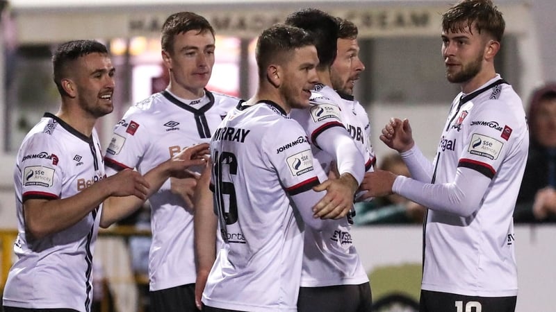 Sean Murray (centre) is congratulated after scoring Dundalk's second goal